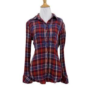 Free People Shirt Womens XS Multi Magical Plaid Lined Button Up Embroidered Top